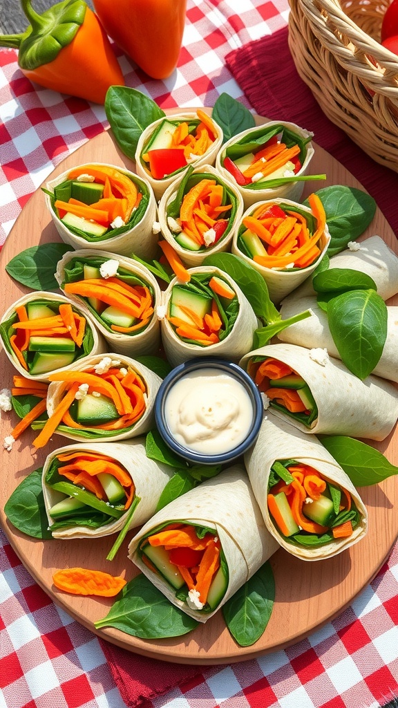 Sliced veggie snack wraps filled with carrots, cucumber, bell pepper, and spinach, served with hummus on a picnic table.